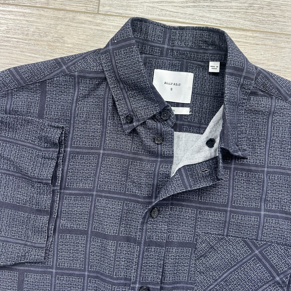 Billy Reid Small Standard Fit Navy Plaid Linen Blend Short Sleeve Button Down